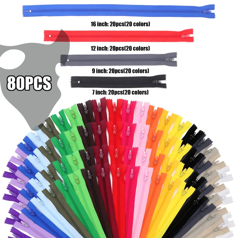 YAKA 80pcs 7 Inches 9 Inches 12 Inches 16 Inches Mixed Nylon Coil Zippers Colorful Sewing Zippers for Tailor Sewing Crafts, 20 Colors - Image 2